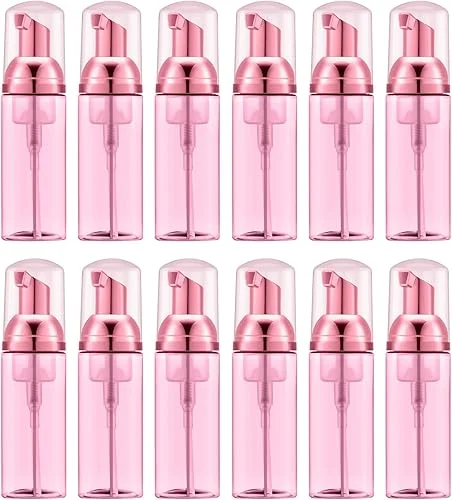 Lil Ray 2 Oz Empty Clear Rose Red Foam Pump Bottle, Travel Foamer Soap Dispenser for Lash Shampoo, Hand Soap, Foaming Cleaner(Rose Red Pump, 12 PCS)