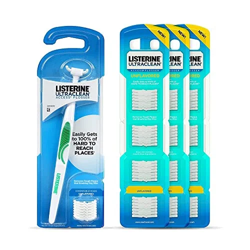 Listerine Ultraclean Access Flosser Starter Bundle | Proper & Durable Oral Care & Hygiene | Effective Plaque Removal, Teeth & Gum Protection | Starter Kit + 3pk Unflavored Refills (28ct.)