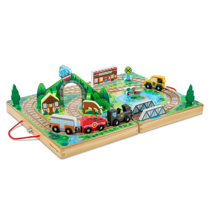 Melissa & Doug 17-Piece Wooden Take-Along Tabletop Railroad, 3 Trains, Truck, Play Pieces, Bridge – FSC Certified