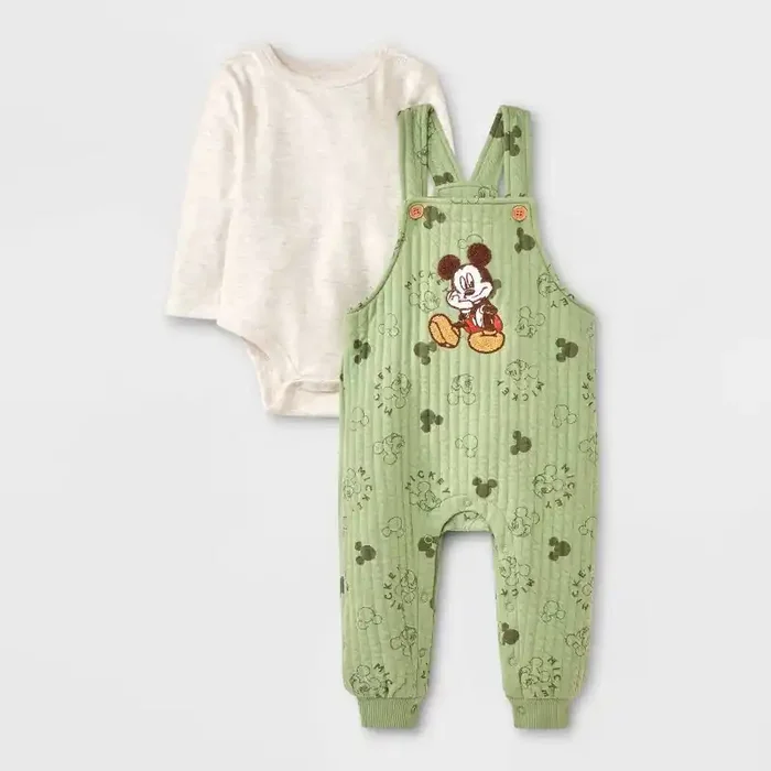 Mickey Mouse & Friends Baby Boys‘ 2pc Disney Mickey Mouse Long Sleeve Bodysuit & Overalls Set – Green 3-6M