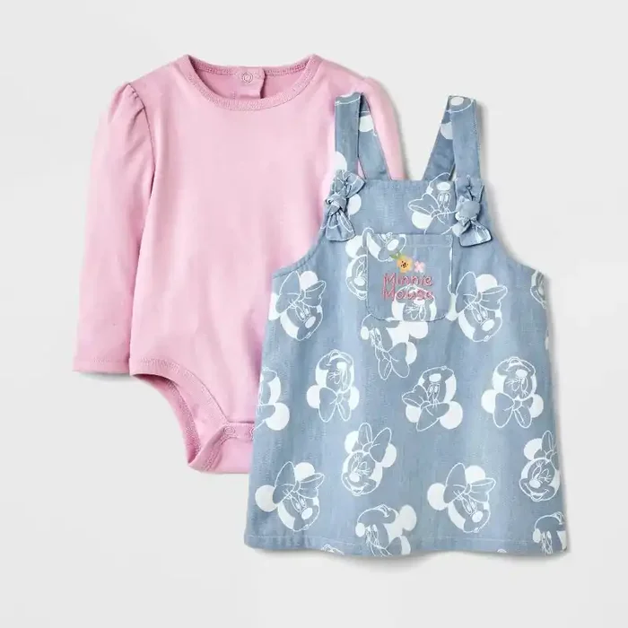 Mickey Mouse & Friends Baby Girls‘ 2pc Disney Minnie Mouse Long Sleeve Bodysuit & Chambray Dress Set – Light Blue/Pink 6-9M
