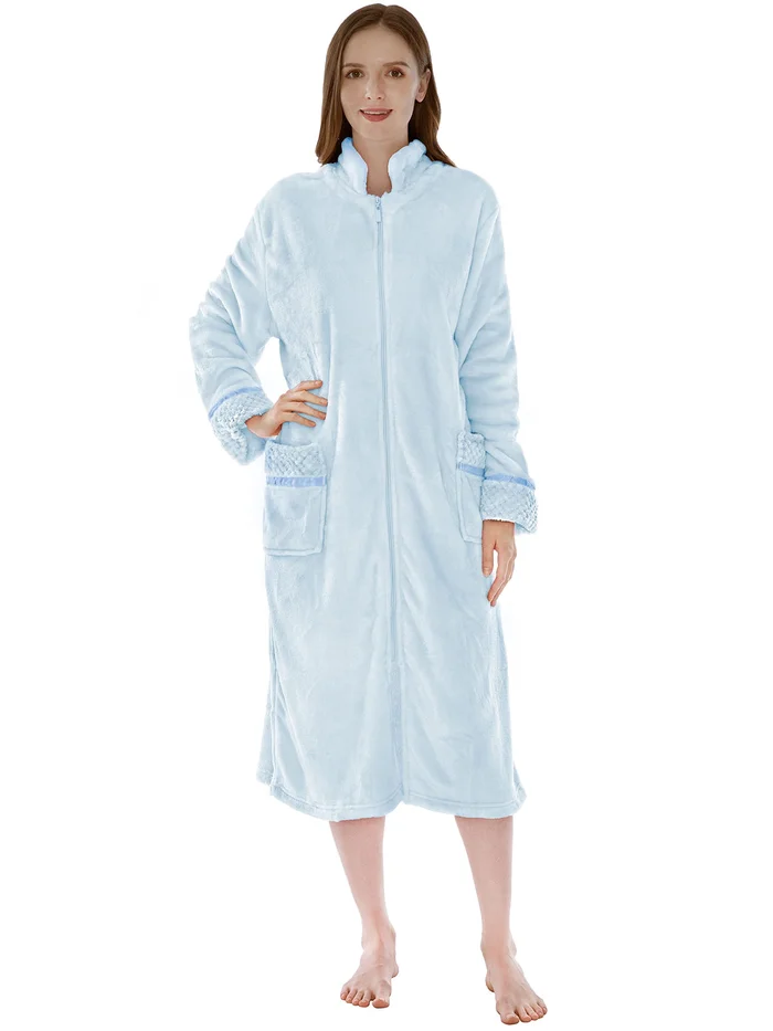 PAVILIA Womens Housecoat Zip Robe, Fleece Zip Up Front Robe Bathrobe, Plush Warm Zipper House Coat Lounger for Women Ladies Elderly with Satin Trim, Pockets, Long Plus Size – Light Blue (2x/3x)