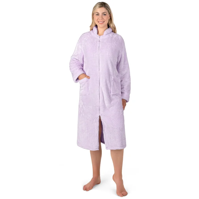 PAVILIA Womens Housecoat Zip Robe, Sherpa Zip Up Front Robe Bathrobe, Fuzzy Warm Zipper House Coat Lounger for Women Ladies Elderly with Pockets, Fluffy Fleece Long – Lavender Purple (Large/X-Large)