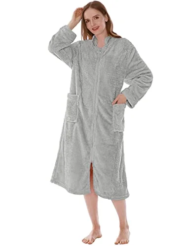 PAVILIA Womens Housecoat Zip Robe, Sherpa Zip Up Front Robe Bathrobe, Fuzzy Warm Zipper House Coat Lounger for Women Ladies Elderly with Pockets, Fluffy Fleece Long – Light Gray (Large/X-Large)