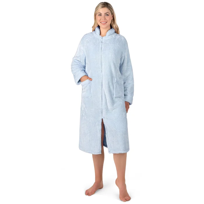 PAVILIA Womens Housecoat Zip Robe, Sherpa Zip Up Front Robe Bathrobe, Fuzzy Warm Zipper House Coat Lounger for Women Ladies Elderly with Pockets, Fluffy Fleece Long – Light Blue (Large/X-Large)