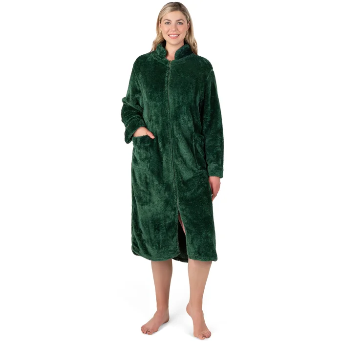 PAVILIA Womens Housecoat Zip Robe, Sherpa Zip Up Front Robe Bathrobe, Fuzzy Warm Zipper House Coat Lounger for Women Ladies Elderly with Pockets, Fluffy Fleece Long – Emerald Green (Large/X-Large)