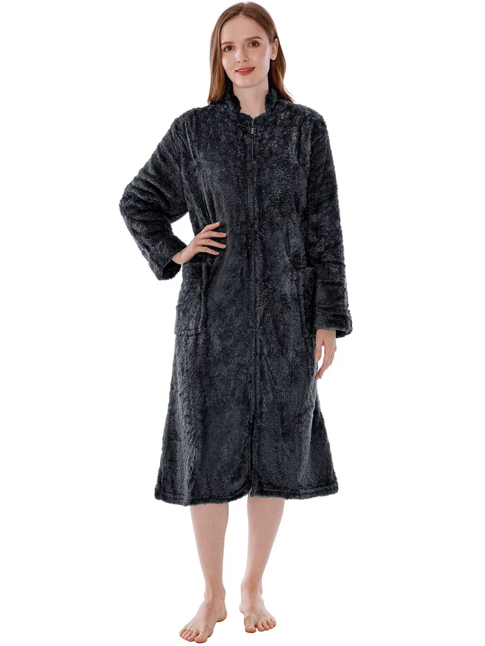 PAVILIA Womens Housecoat Zip Robe, Sherpa Zip Up Front Robe Bathrobe, Fuzzy Warm Zipper House Coat Lounger for Women Ladies Elderly with Pockets, Fluffy Fleece Long – Black (Large/X-Large)