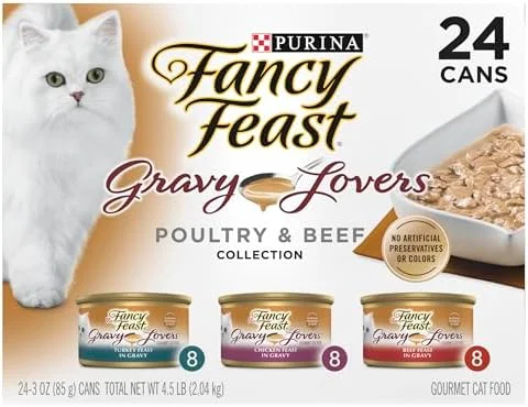 Purina Fancy Feast Gravy Lovers Poultry and Beef Grilled Gourmet Wet Cat Food Variety Pack – (Pack of 24) 3 oz. Cans
