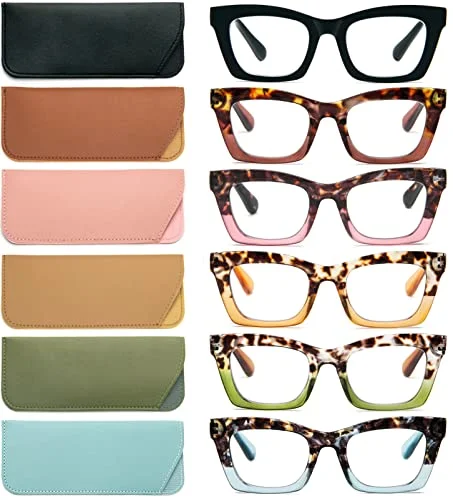 REAVEE 6 Pack Oprah Style Reading Glasses for Women Blue Light Blocking Cute Square Computer Readers with Spring Hinge 1.5