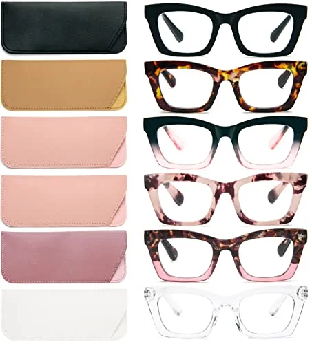 REAVEE 6 Pack Oprah Style Reading Glasses for Women Men Blue Light Blocking, Cute Square Computer Readers with Spring Hinge 2.0