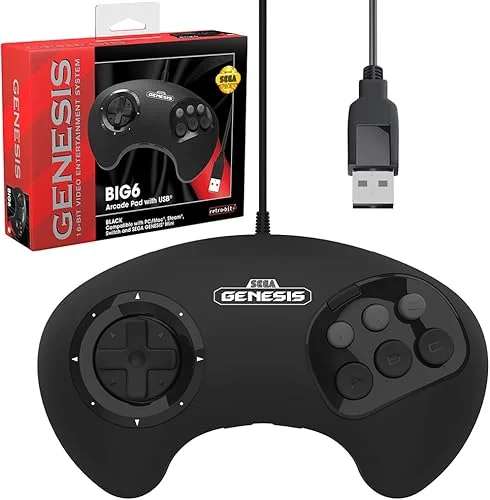Retro-Bit BIG6 USB Arcade Controller Pad for Sega Genesis Mini, Switch, PC, Mac, Steam, RetroPie, Raspberry Pi – USB Port – Black