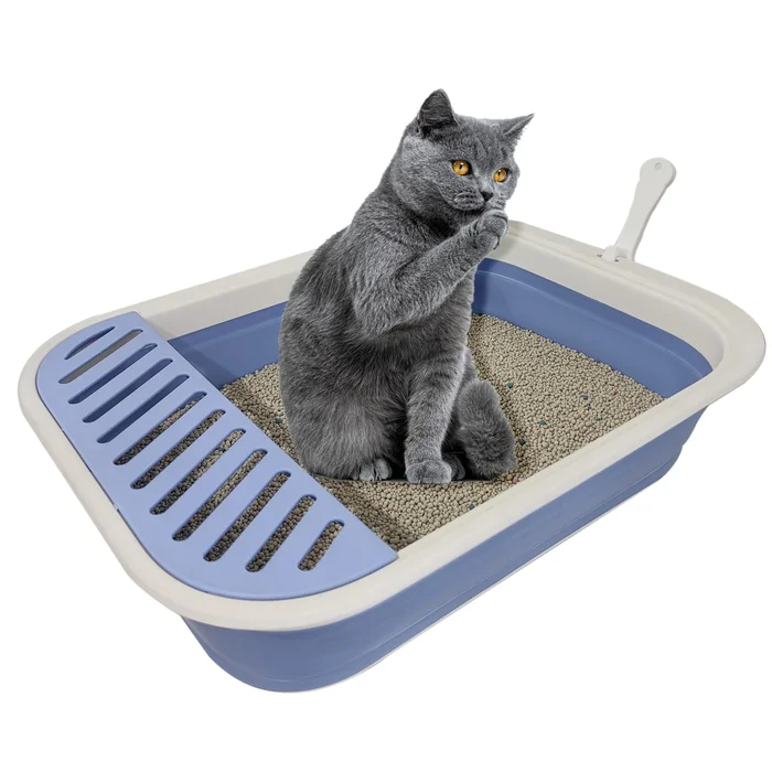 Senior Cat Litter Boxes, Collapsible Open Low Entry Cat Litter Pan with Scoop Travel Cat Potty Pan Foldable Pet Toilet for Sick Disabled Older Elderly Cats 20.9×15.7×5.7 inch