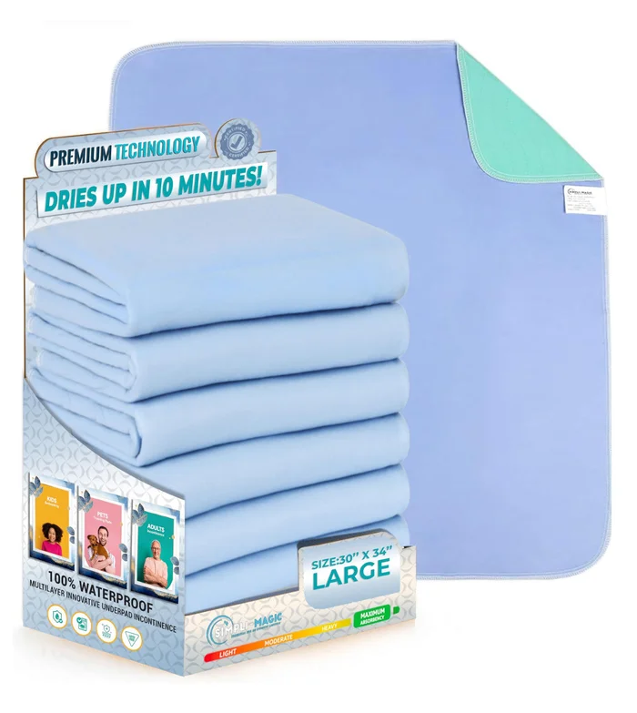SIMPLI-MAGIC Washable Underpads, 30"x34" (Pack of 4) – Heavy Absorbency Reusable Bedwetting Incontinence Pads for Kids,Adults,Elderly,andPets – Waterproof Protective Pad for Bed,Couch,Sofa,Floor