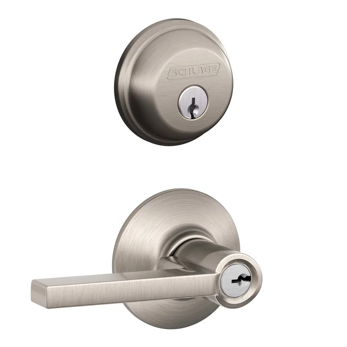 Single Cylinder Deadbolt And Latitude Entry Door Lever Handleset Combo Pack In Satin Nickel Finish