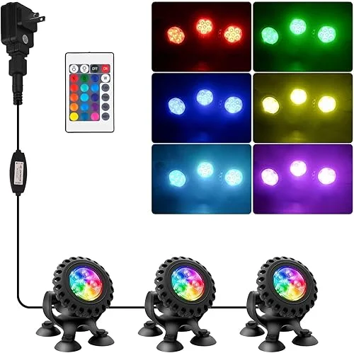 T-SUN RGB Pond Lights Submersible Pond Lights LED Underwater Light Color Changing Spotlight Remote Control IP68 Waterproof Fish Tank Light for Aquarium Fountain Pool (3 Lights-RGB)