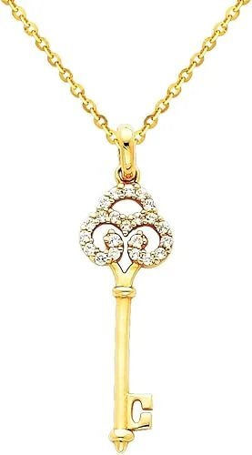 The World Jewelry Center 14k Yellow Gold Key CZ Pendant with 1.2mm Cable Chain Necklace