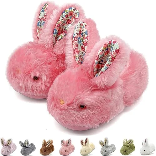 Toddler Slippers Girls Boys Kids Bunny House Slipper Winter Cute Rabbit Slippers Warm Soft Plush Fuzzy Slippers Indoor Non-Slip Animal Cartoon Slippers