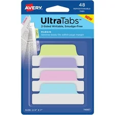 Ultra Tabs Repositionable Tabs, Margin Tabs: 2.5″ X 1″, 1/5-cut, Assorted Pastel Colors, 48/pack