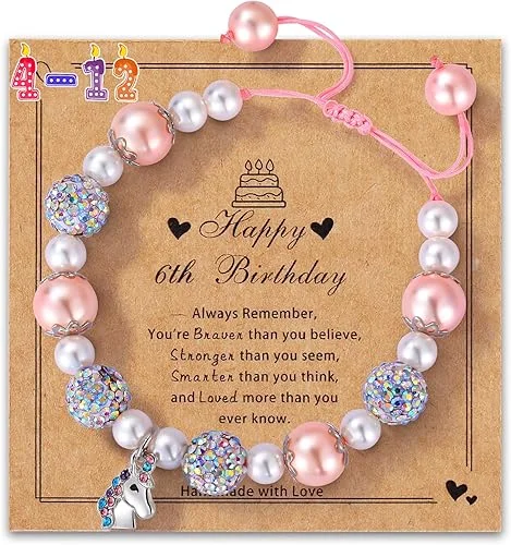 Unicorn Charm Bracelet for Girls – Adjustable Pink Pearl Kids Bracelet for Toddler Girls 4-12 Year Old- Daughter Granddaughter Child's Jewelry Gift for Birthday Christmas gifts