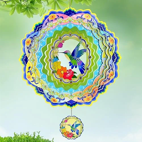 Wind Spinners – 12 Inches Large Metal Hummingbird Wind Spinner, 3D Reflective Wind Sculptures for Home, Outside Decor, Garden, Yard Art, Gifts for Mom, Grandma's Birthday, Mother's Day, Light Green