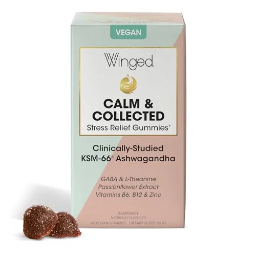 Winged Wellness Calm & Collected – Stress Support Gummies – Contains KSM-66 Ashwagandha, L-Theanine, GABA, and Passionflower – Vegan Gummy, Raspberry Flavor – 42 Count