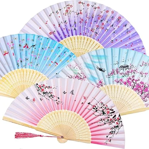 Zonon 4 Pack Handheld Floral Folding Fans Hand Held Silk Bamboo Fans with Tassel Women Hollowed Hand Foldable Fan with Fabric Sleeve for Dancing Wedding Decoration Gifts(Classic)